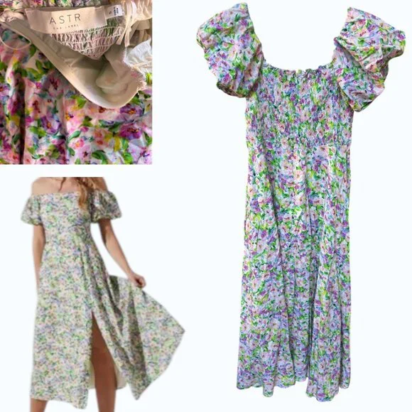 ASTR THE LABEL PUFF SLEEVE FLORAL SMOCKED MIDI DRESS SIZE SMALL EUC - Picture 3 of 3